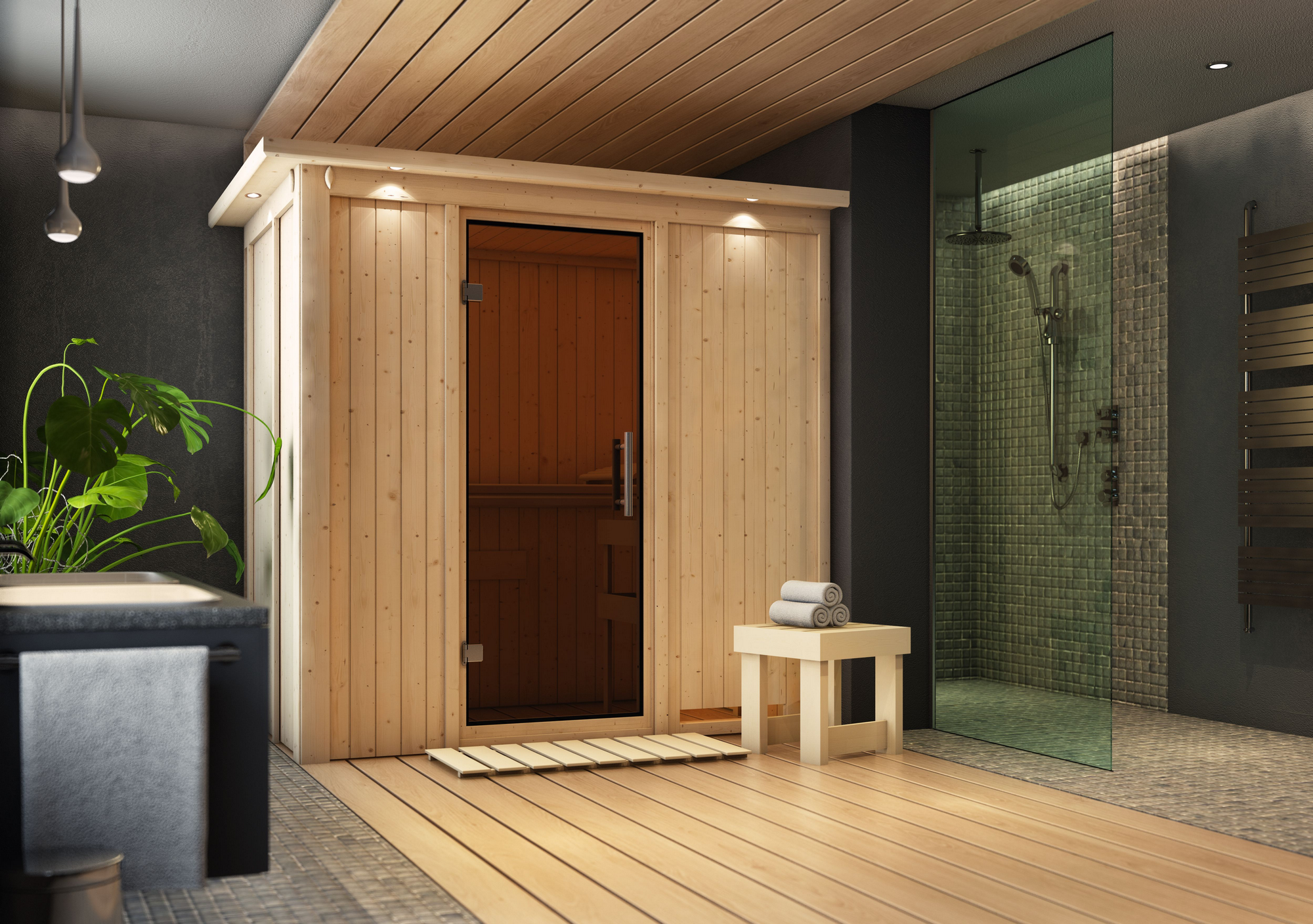 Karibu Elementsauna 'Aina' naturbelassen mit Kranz und gaphitfarbener Tür 210 x 132 x 202 cm