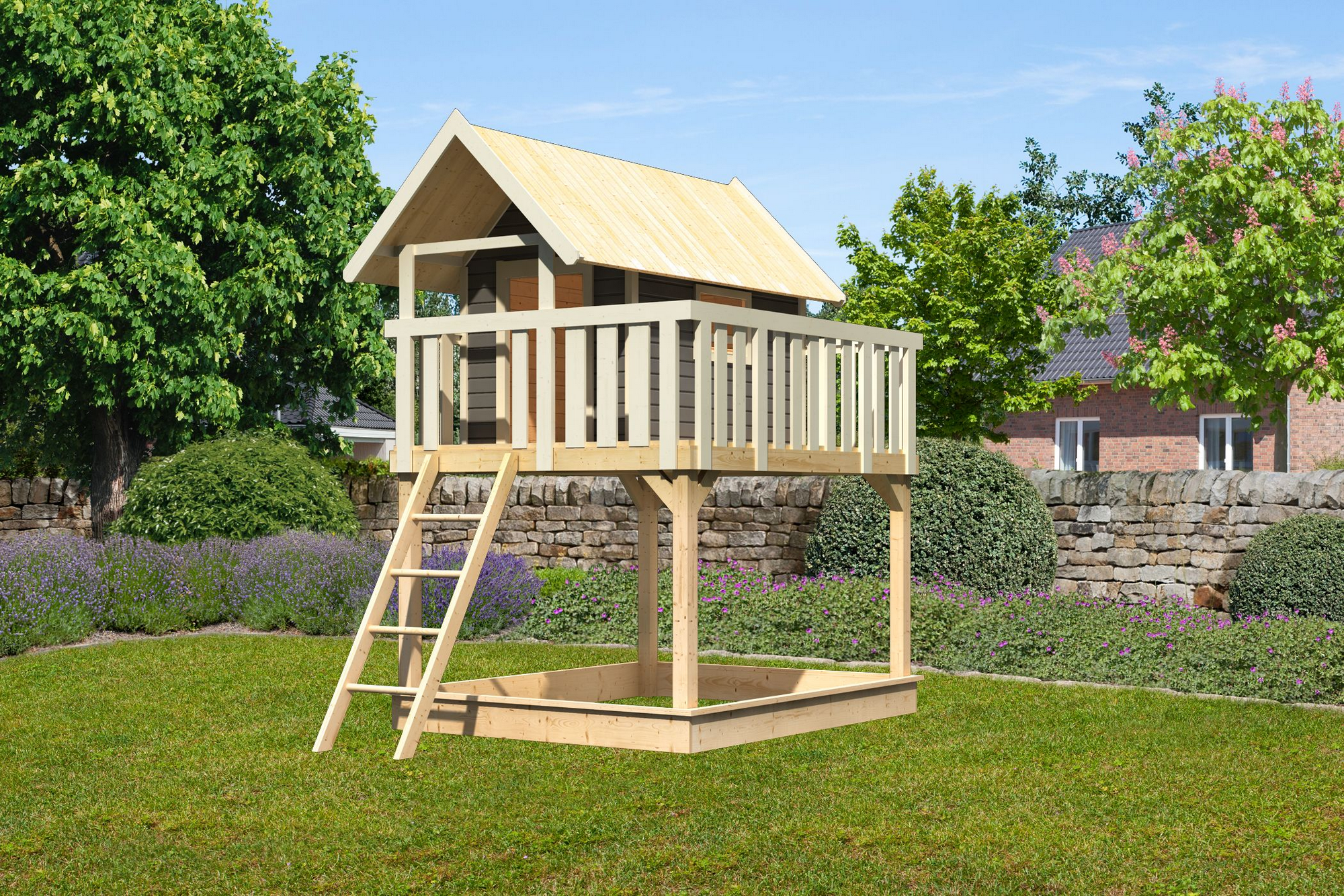 Karibu Stelzenhaus 'Fidel' terragrau nordische Fichte 198 x 329,5 x 243 cm