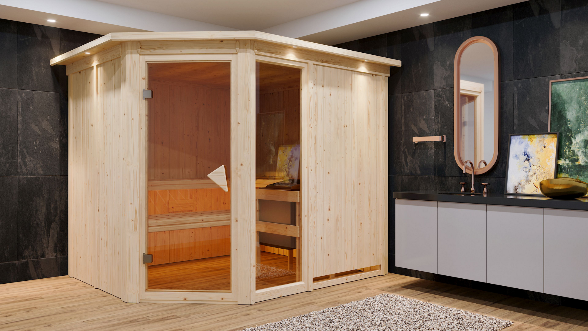 Karibu Elementsauna 'Almara 3' naturbelassen mit Kranz und bronzierter Tür 9 kW Ofen integrierte Steuerung 245 x 210 x 2...