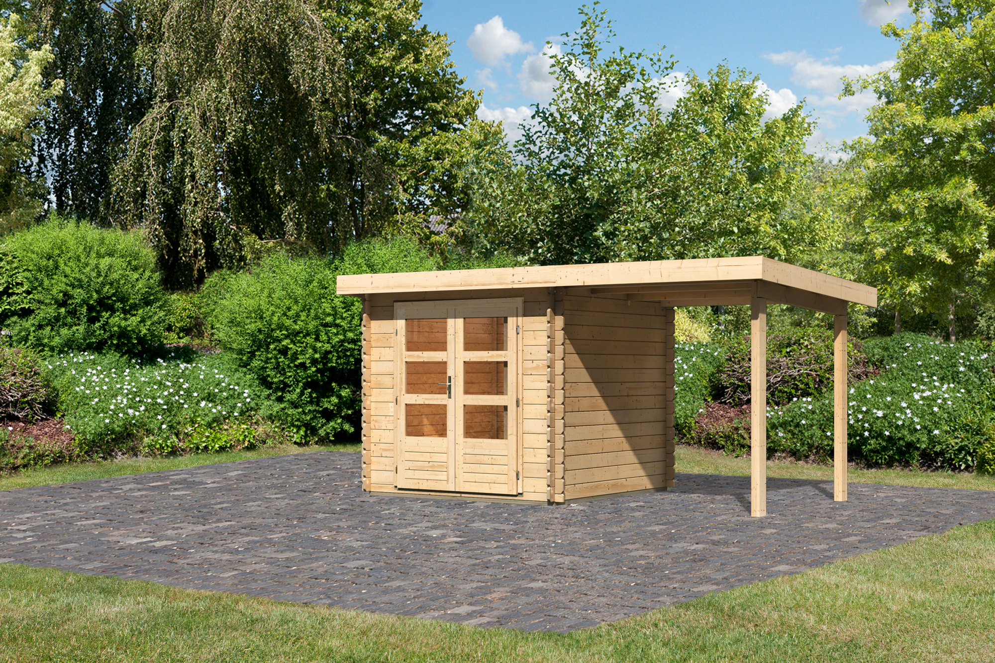 Karibu Gartenhaus-Set 'Kastrup 2' naturbelassen mit Anbaudach 454 x 217 x 273 cm