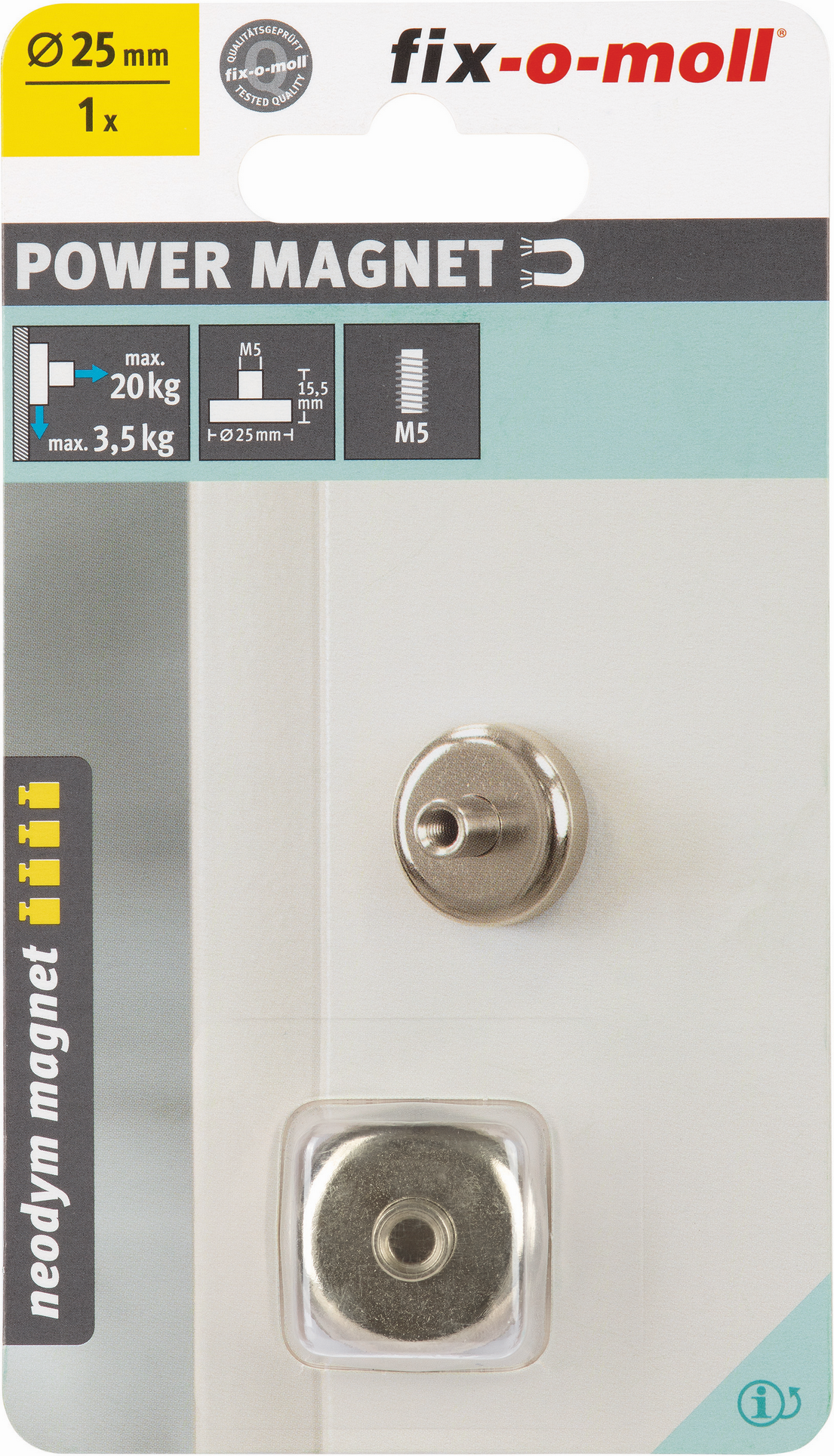 Fix-o-moll Topfmagnet 'Neodym' silbern M5 Gewindebuchse Ø 25 x 15,5 mm