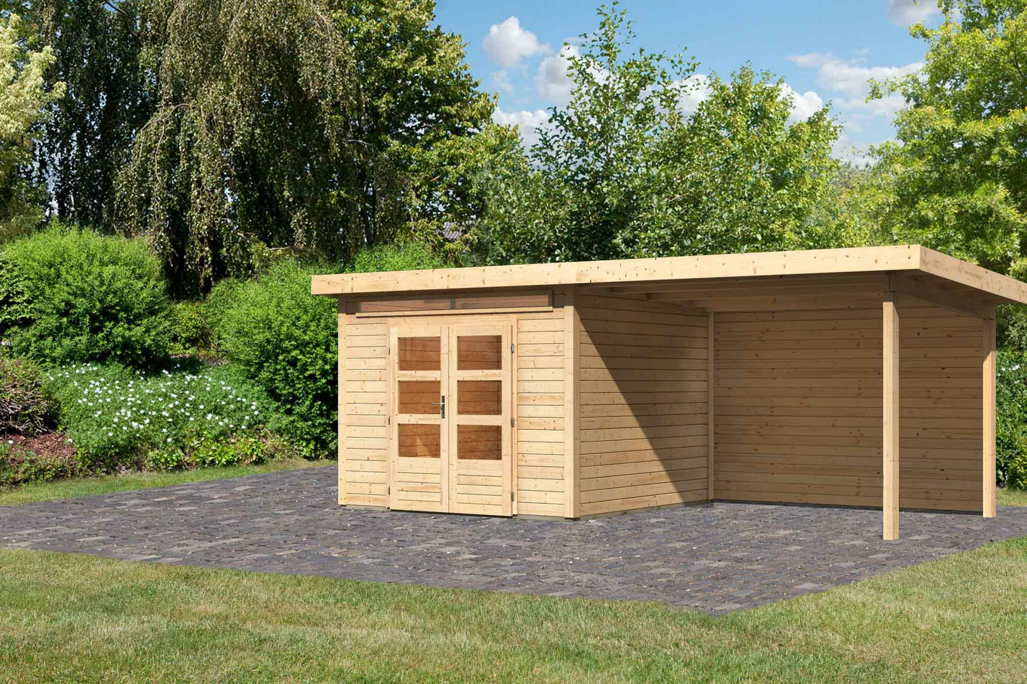 Karibu Gartenhaus-Set 'Landern 6' naturbelassen mit Anbaudach und Rückwand 612 x 222 x 303 cm