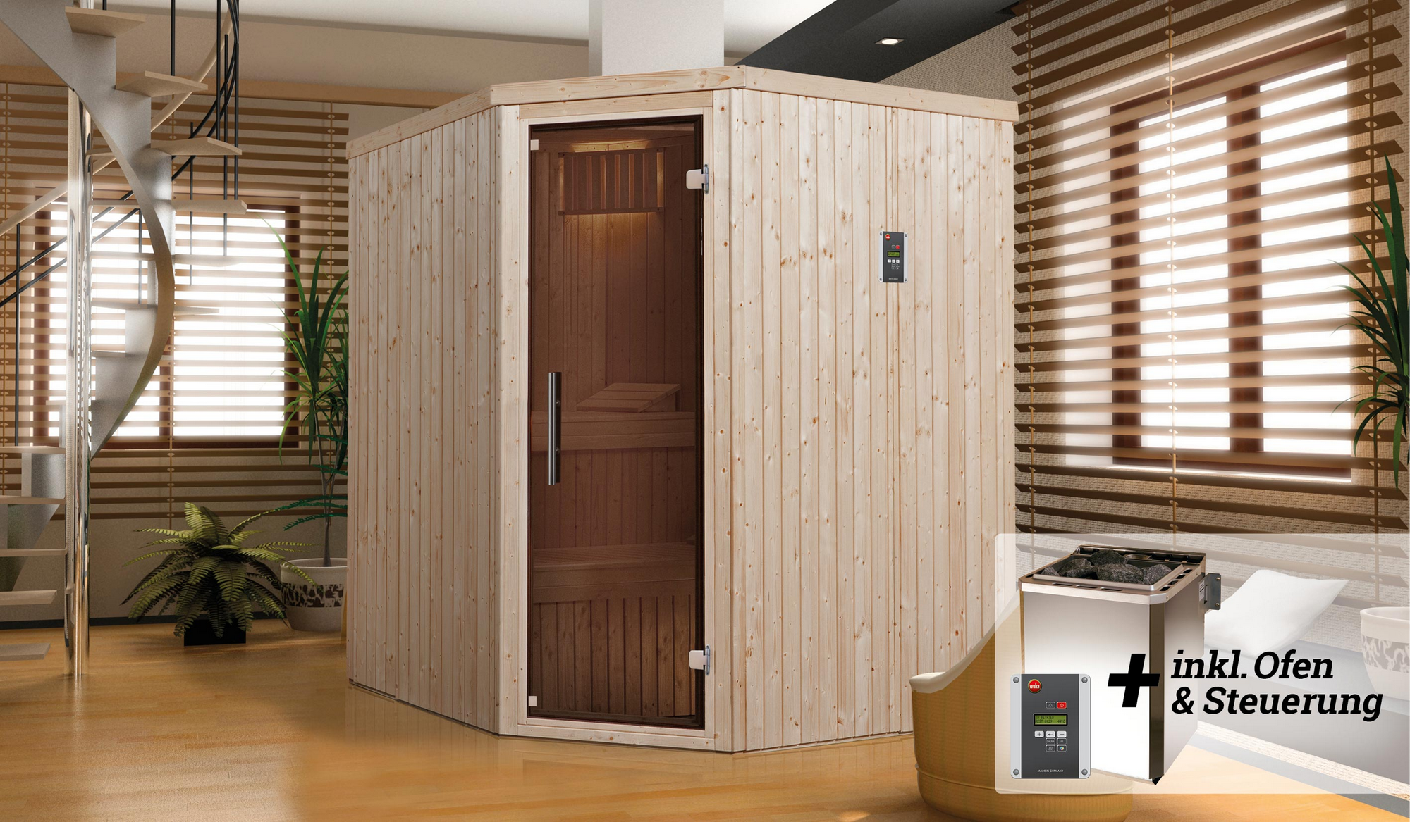Weka Elementsauna 'Varberg 2 Eck' mit 7,5 kW BioS-Ofenset, Steuerung, Glastür 192 x 175 x 199 cm