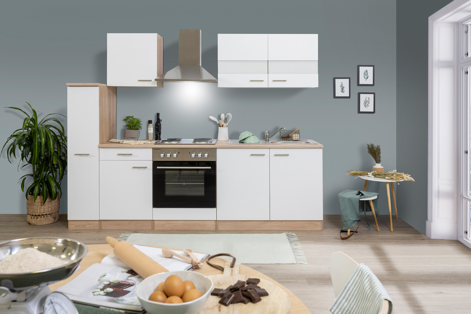 Respekta Küchenzeile 'Merle' mit E-Geräten KB240ESW weiß/eichefarben 240 cm