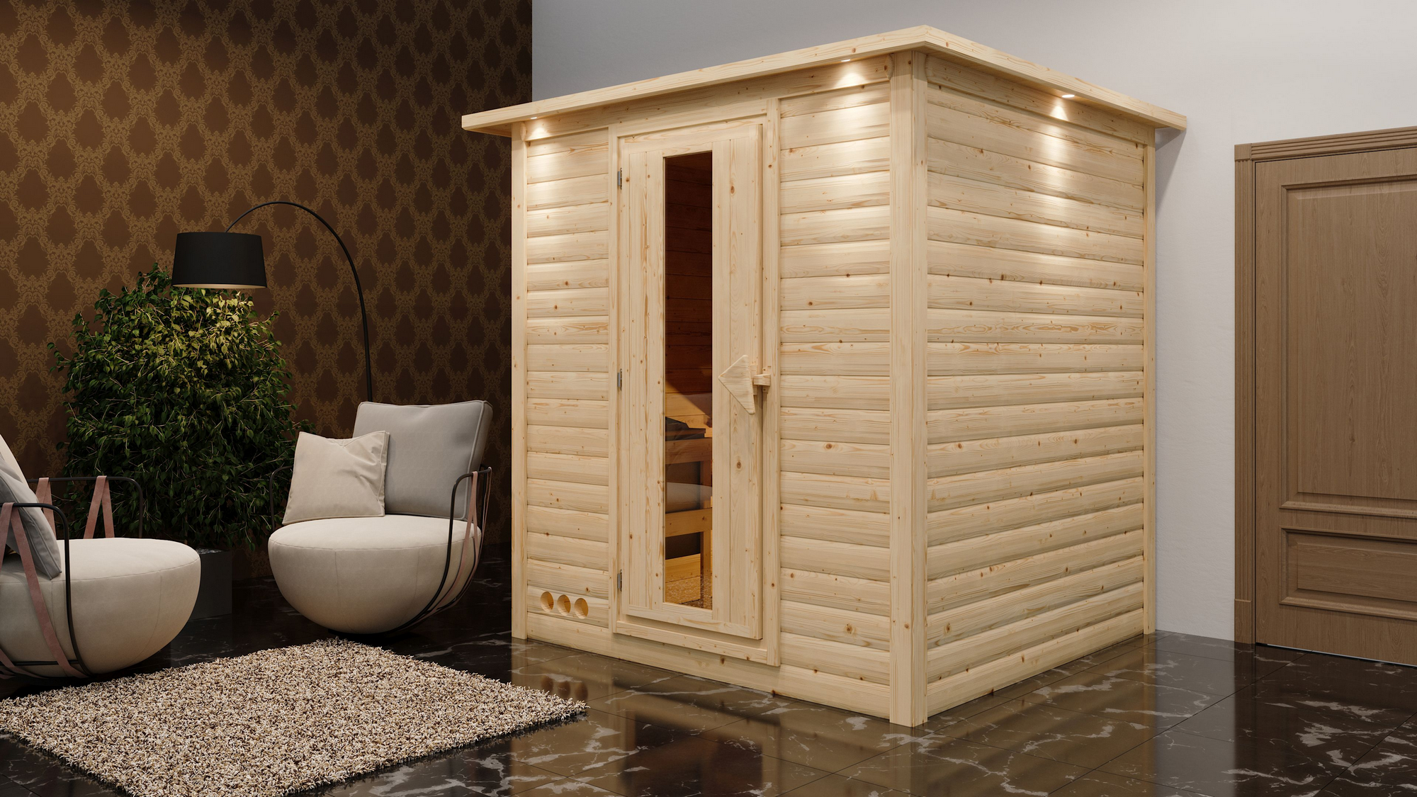 Karibu Massivholzsauna 'Luna' naturbelassen mit Kranz und EnergiesparTür 9 kW Ofen integrierte Steuerung 224 x 210 x 206...