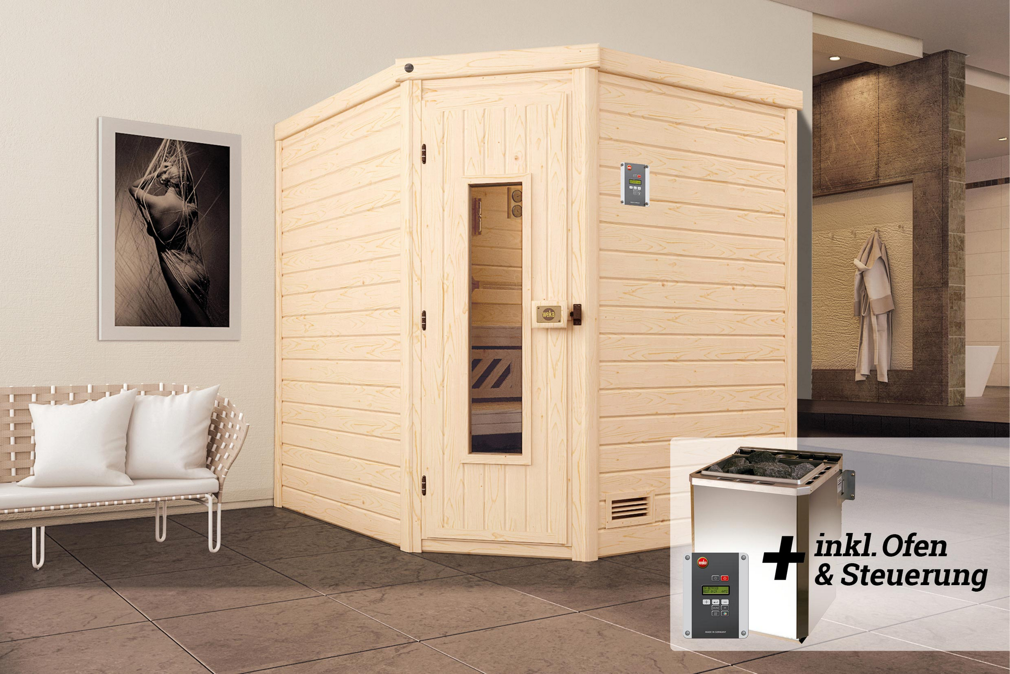 Weka Premium-Massivholzsauna 'Turku 2 Eck' mit 7,5 kW BioS-Ofenset, Steuerung, Massivholztür 188 x 188 x 205 cm