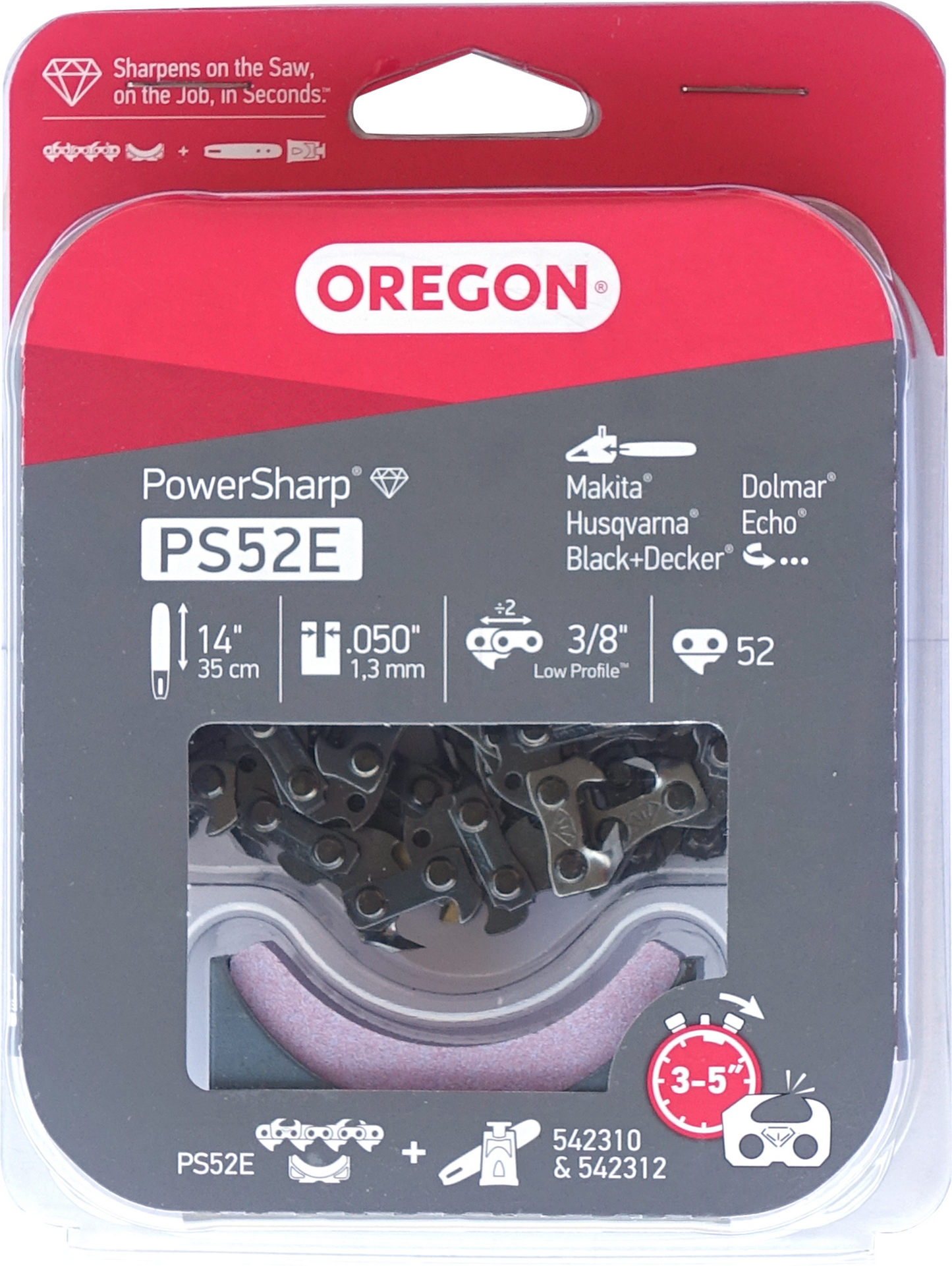Oregon® Sägekette 'PowerSharp' mit Schleifstein, 3/8", 1,3 mm, 52 Glieder