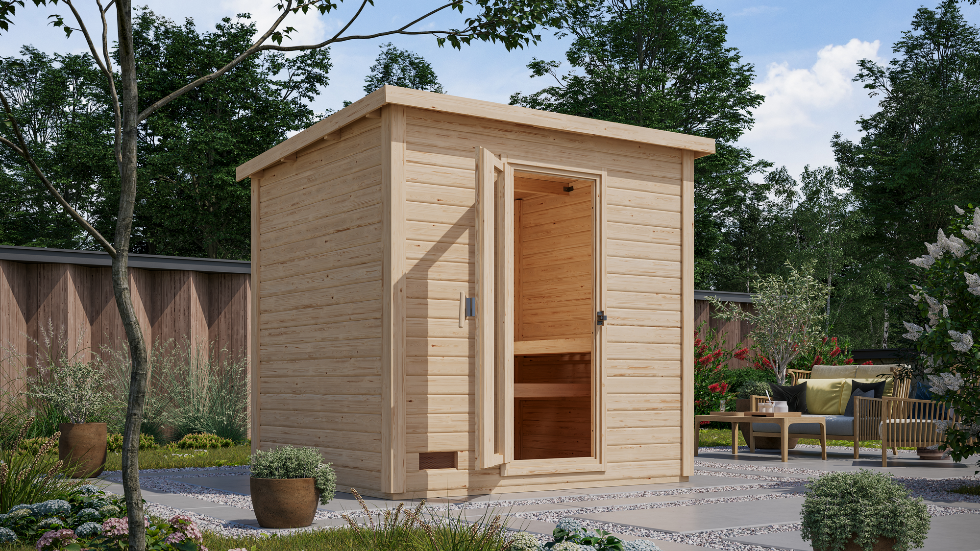 Karibu Saunahaus 'Bosco 3' naturbelassen 9 kW Bio-Ofen externe Steuerung 231 x 196 x 228 cm