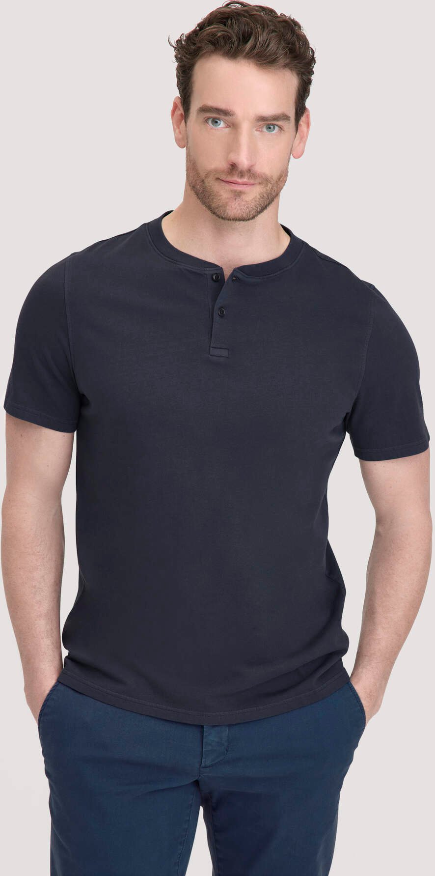 hessnatur Herren Heavy Jersey Henley Shirt Relaxed aus Bio-Baumwolle - blau - Größe 50