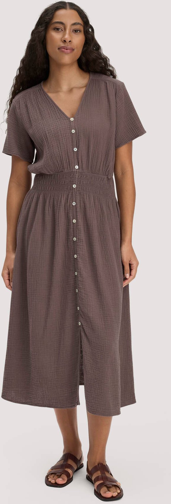 hessnatur Damen Gewebe Kleid mit Taillierung Midi aus Bio-Baumwolle - braun - Größe 38