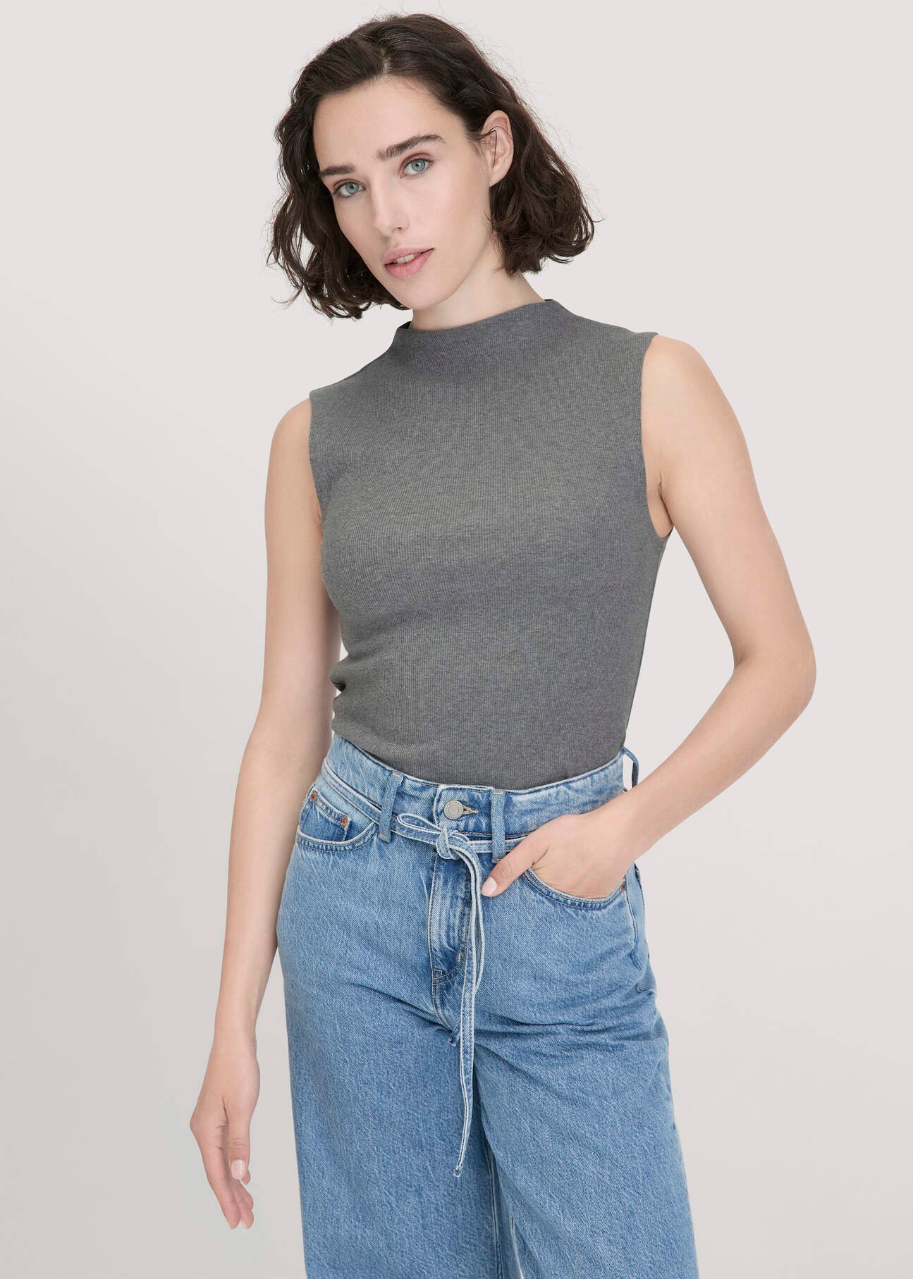 hessnatur Damen Rib Top Slim aus Bio-Baumwolle - grau - Größe 48