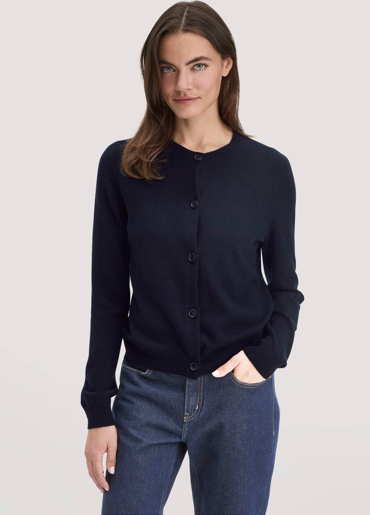 hessnatur Damen Strick Jacke Regular aus Bio-Merinowolle mit Cashmere - blau - Größe L