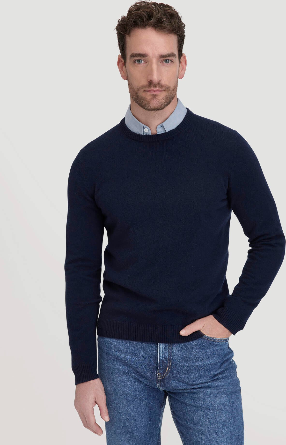hessnatur Herren Strick Pullover Regular BETTER RECYCLING aus Cashmere - blau - Größe 52