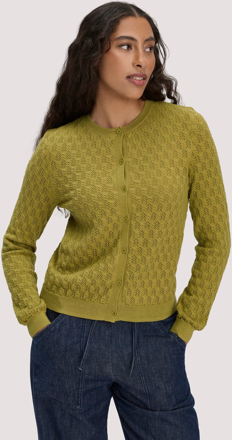 hessnatur Damen Strick Jacke Regular aus Bio-Baumwolle und Schurwolle - grün - Größe L