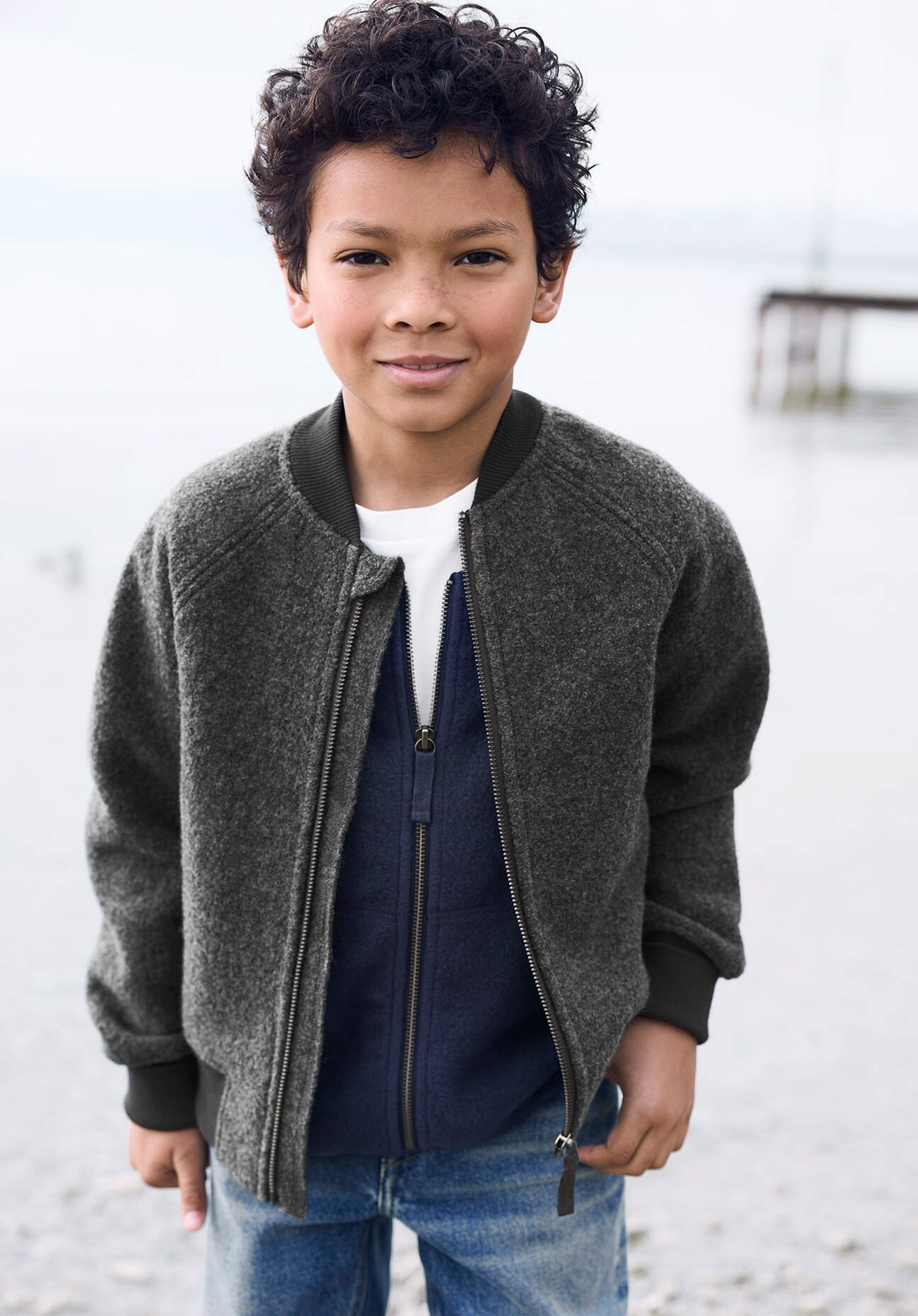 hessnatur Kinder Walk-Bomberjacke aus Bio-Merinowolle - grau - Größe 98/104