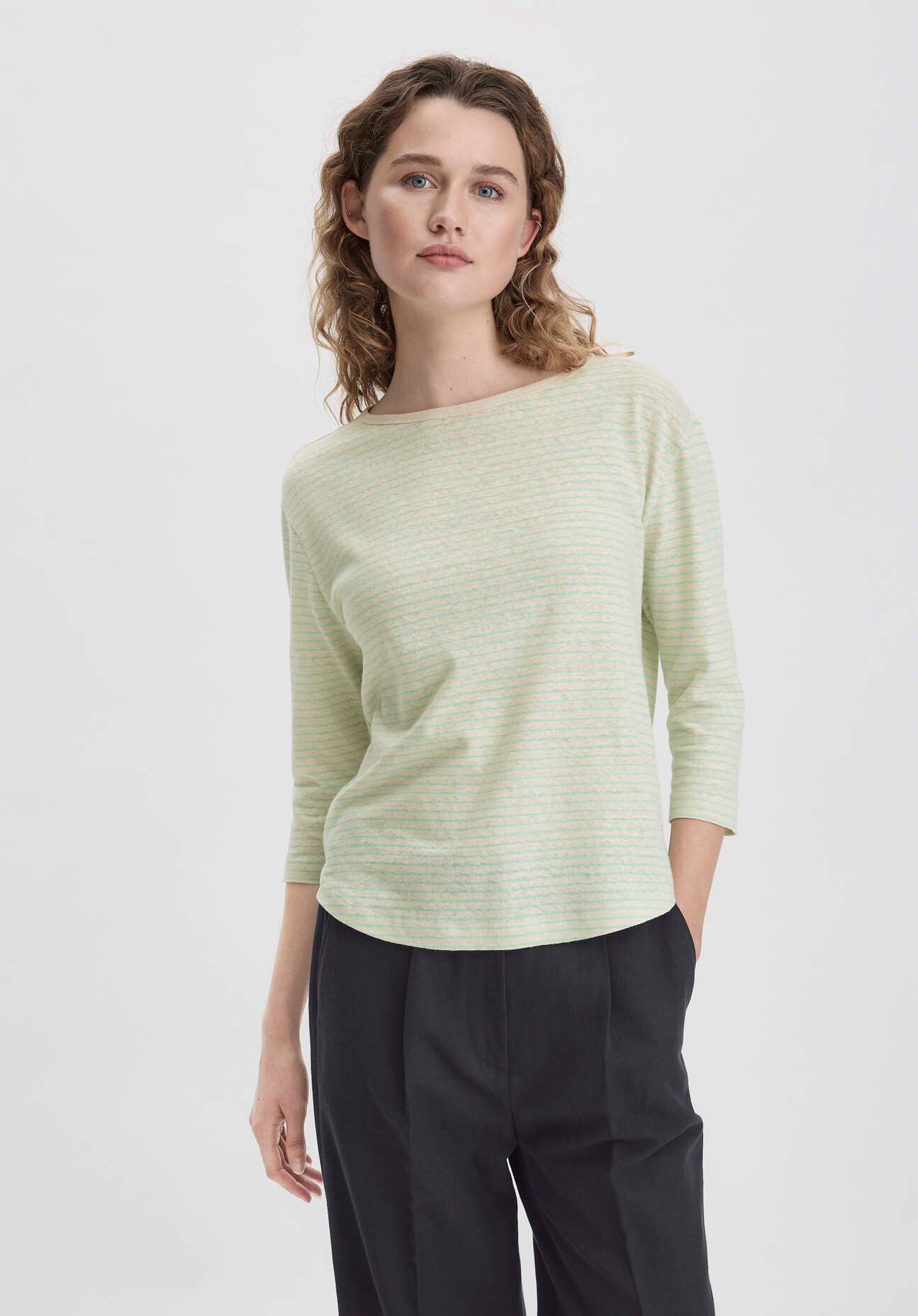 hessnatur Damen Streifen Longsleeve Relaxed aus Leinen und Bio-Baumwolle - beige - Größe 42