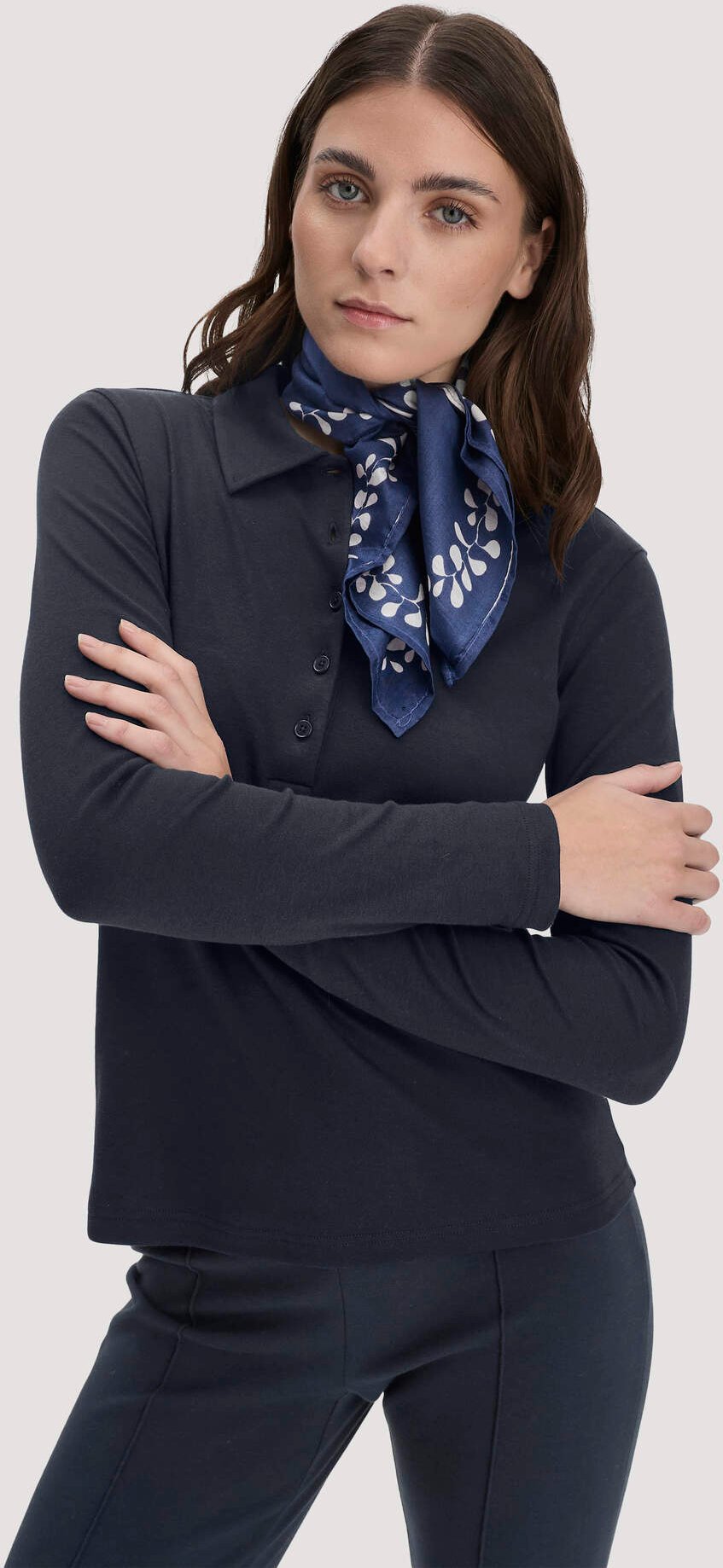 hessnatur Damen Longsleeve Polo Slim aus Bio-Baumwolle - blau - Größe 44