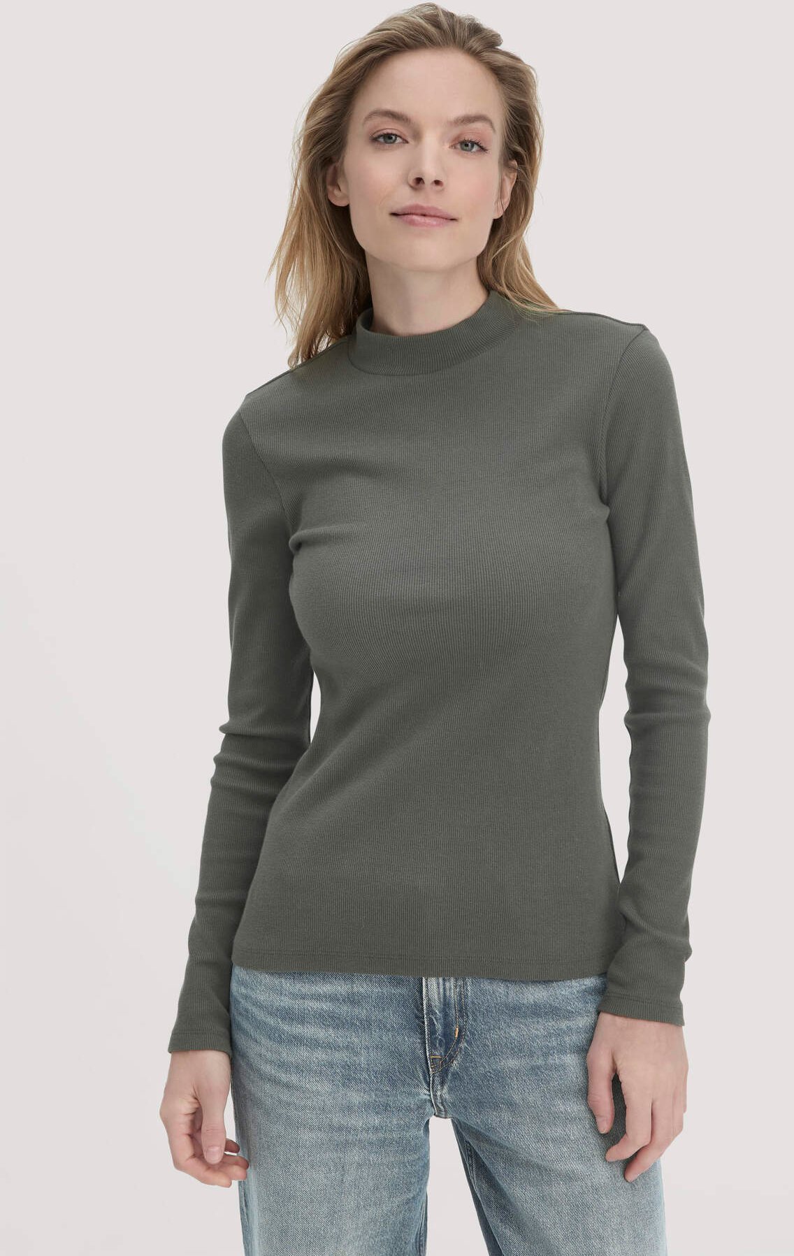 hessnatur Damen Rib Longsleeve Slim aus Bio-Baumwolle - grün - Größe 42