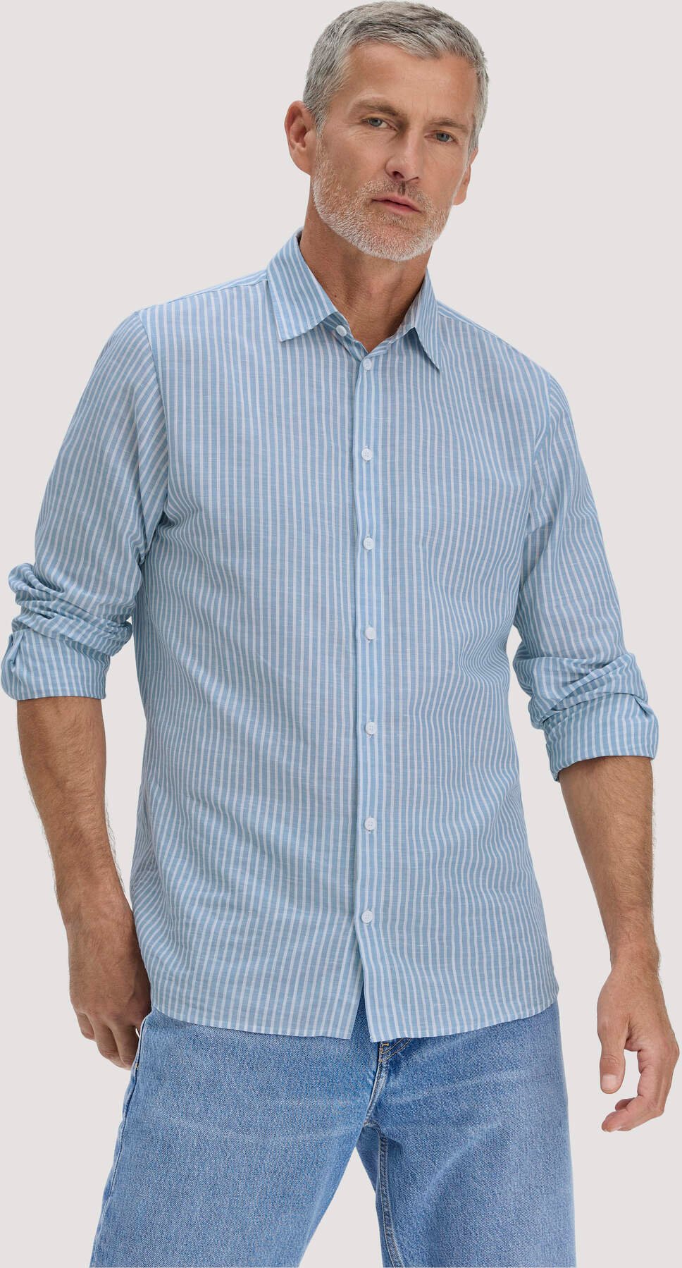 hessnatur Herren Streifen Hemd Regular aus Bio-Baumwolle mit Leinen - kornblume gestreift - Größe S37/38