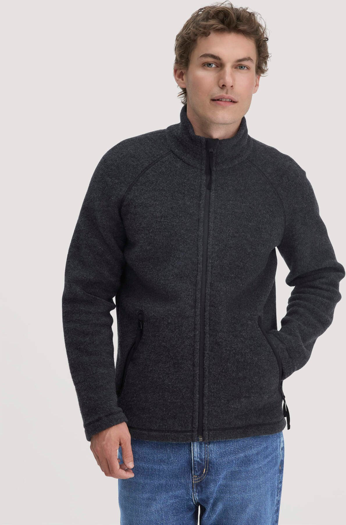 hessnatur Herren Wollfleece Jacke Regular aus Bio-Merinowolle - grau - Größe 46