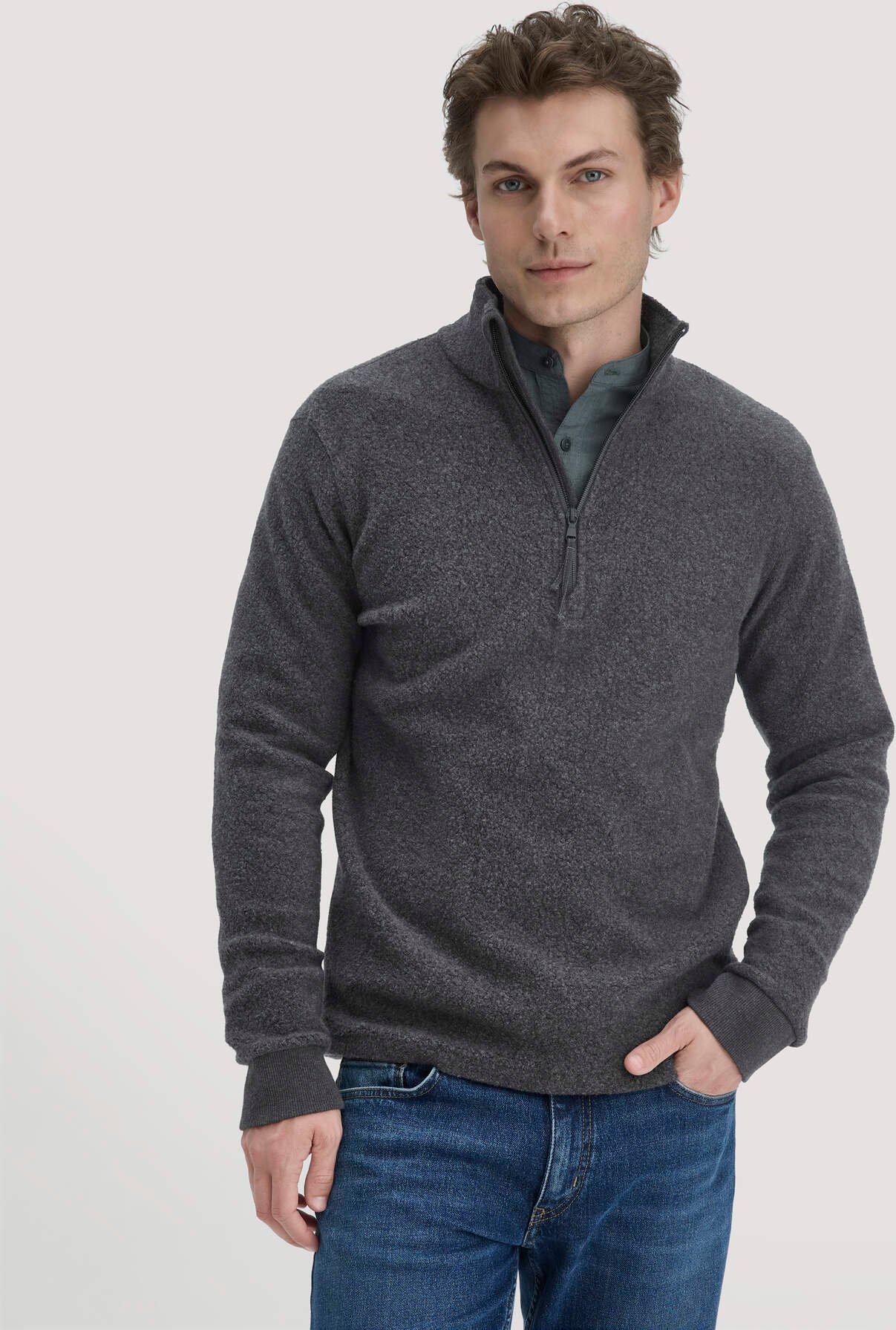 hessnatur Herren Fleece Troyer Relaxed aus Bio-Baumwolle - grau - Größe 52