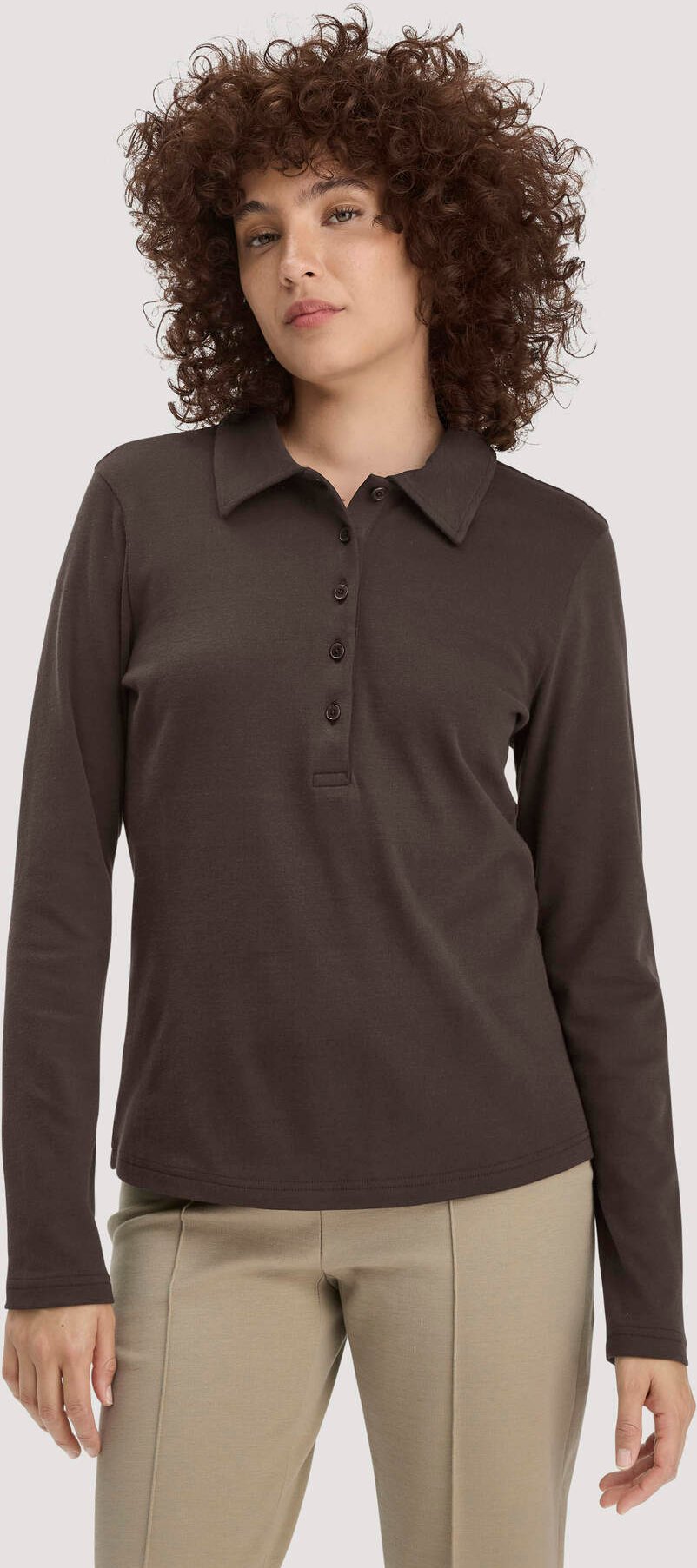 hessnatur Damen Longsleeve Polo Slim aus Bio-Baumwolle - braun - Größe 34
