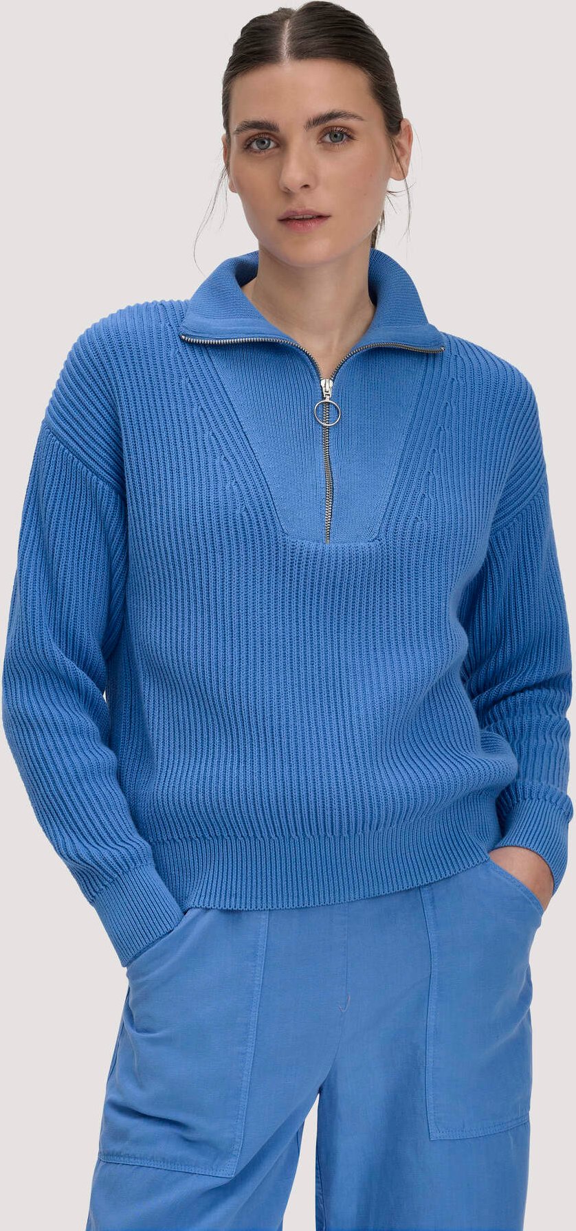 hessnatur Damen Strick Troyer Relaxed aus Bio-Baumwolle - blau - Größe XL