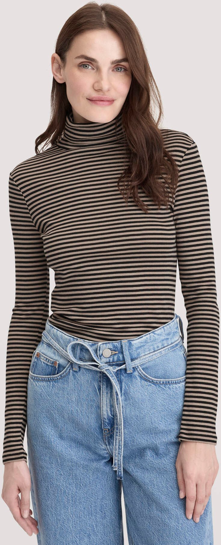 hessnatur Damen Streifen Softrib Longsleeve Fitted aus Bio-Baumwolle und Modal - beige - Größe 36