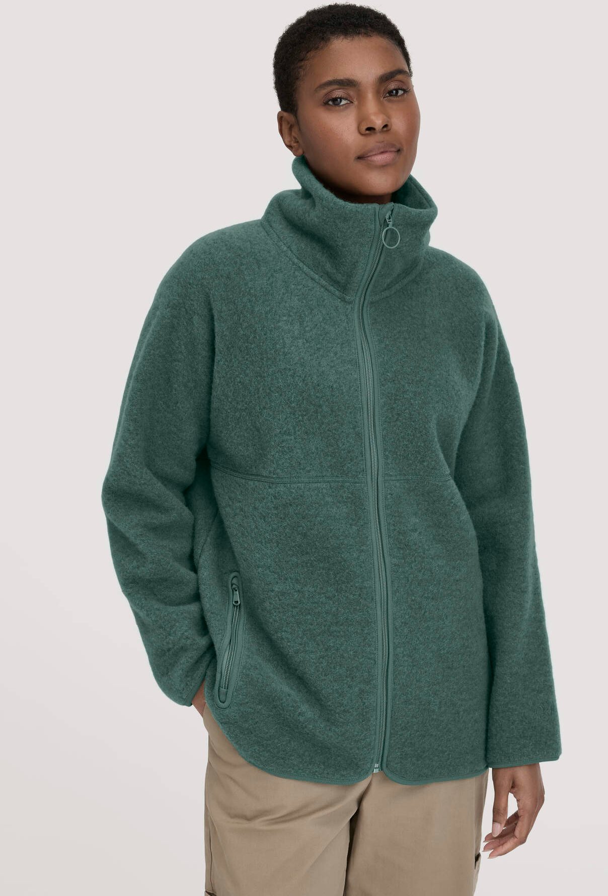 hessnatur Damen Wollfleece Jacke Oversized aus Bio-Merinowolle - grün - Größe S