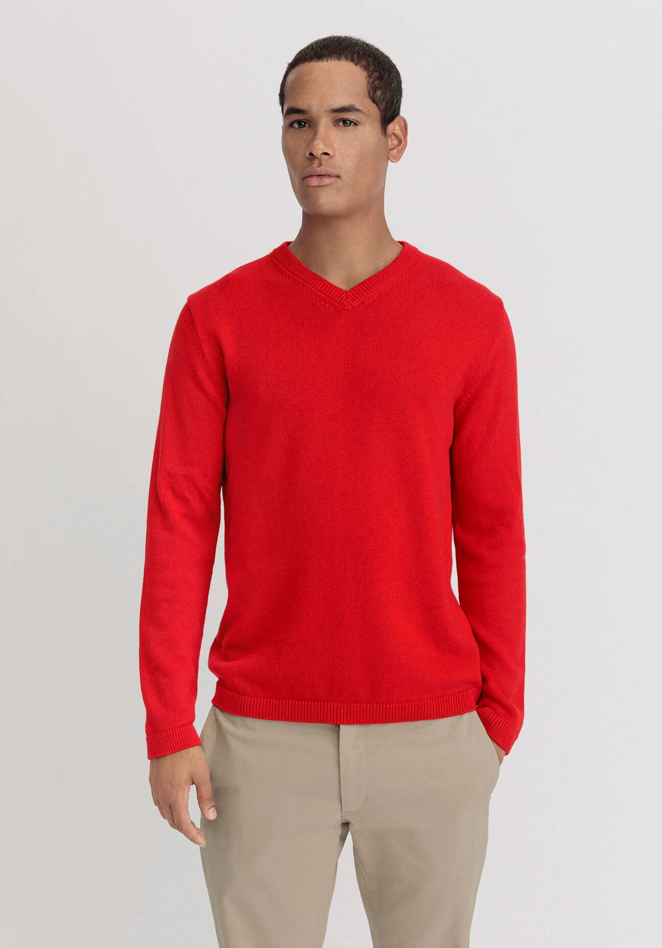 hessnatur Herren V-Pullover Regular aus Bio-Baumwolle mit Bio-Merinowolle - rot - Größe 46