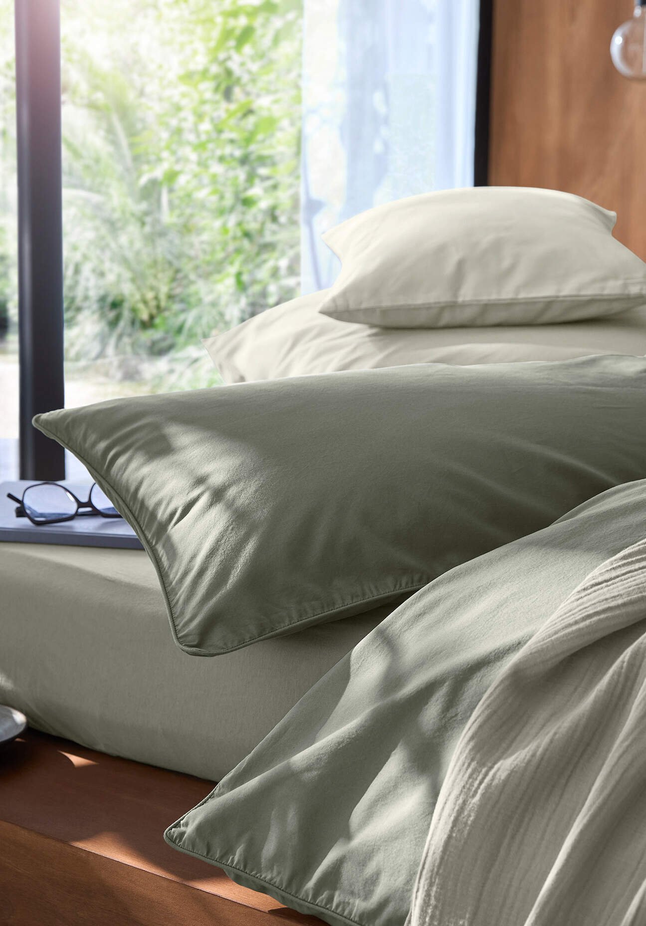 hessnatur Perkal Bettwäsche-Set aus Bio-Baumwolle - grün - Größe 240x220 / 2x40x80 cm