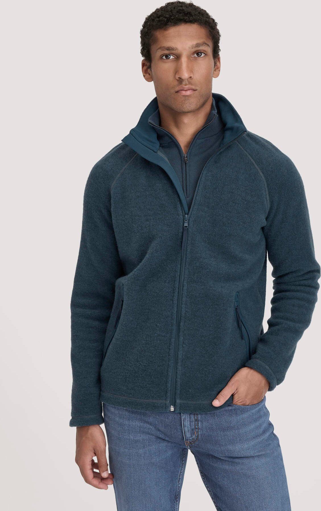 Thumbnail - hessnatur Herren Wollfleece Jacke Regular aus Bio-Merinowolle - blau - Größe 52