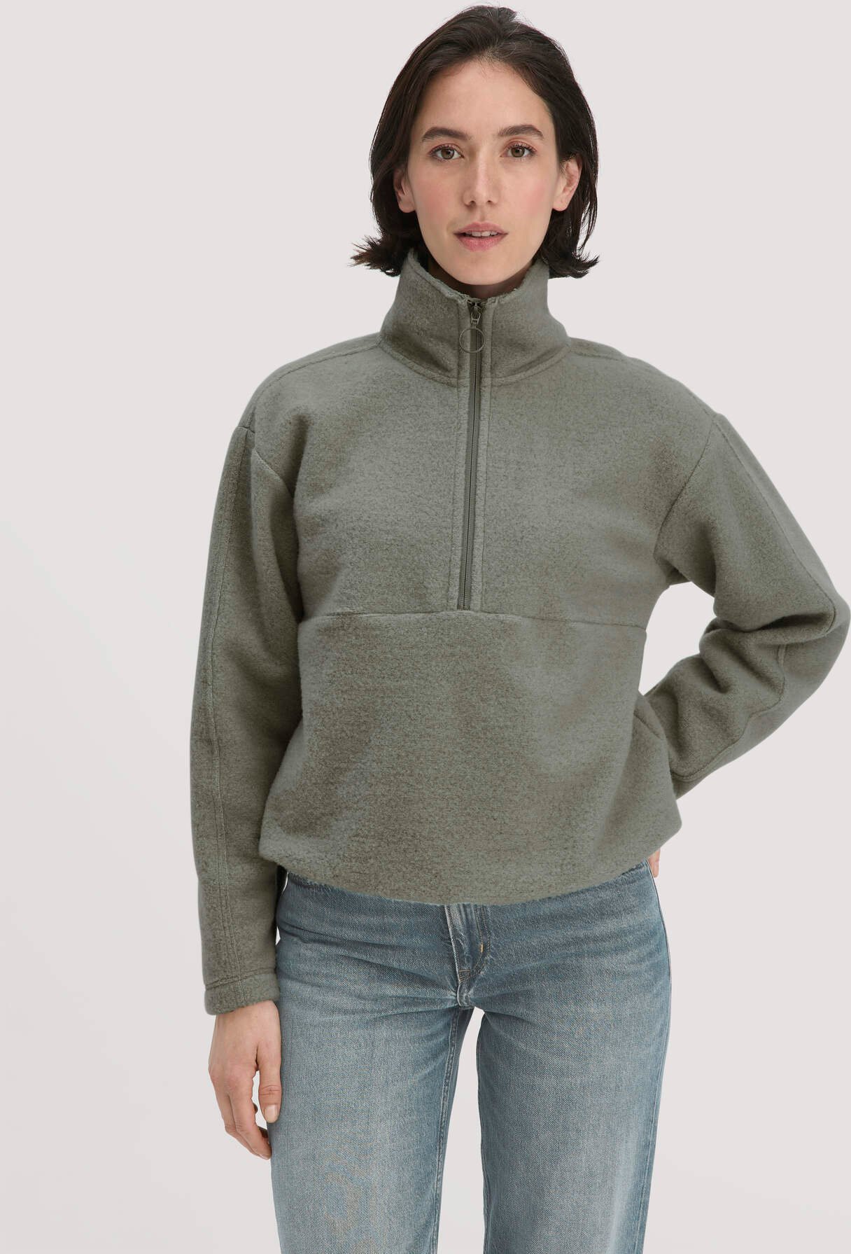 hessnatur Damen Wollfleece Troyer Relaxed aus Bio-Merinowolle mit Bio-Baumwolle - grün - Größe XL