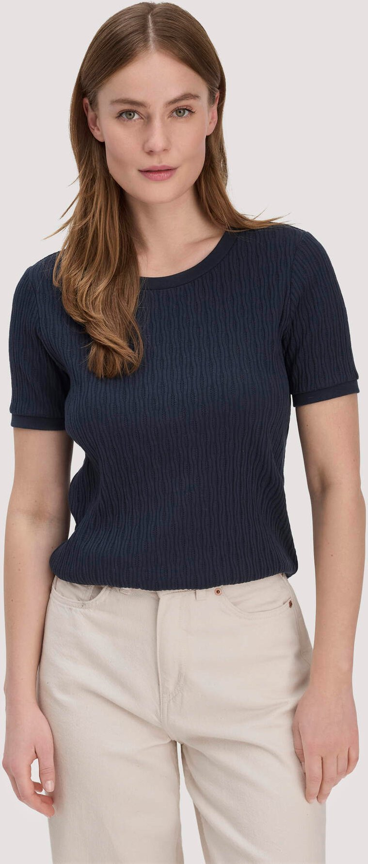 hessnatur Damen Pointelle T-Shirt Regular aus Bio-Baumwolle - blau - Größe 38
