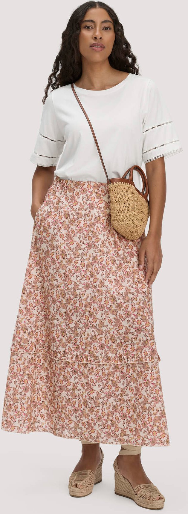 hessnatur Damen Gewebe Print Rock Maxi aus Bio-Baumwolle - beige - Größe 36