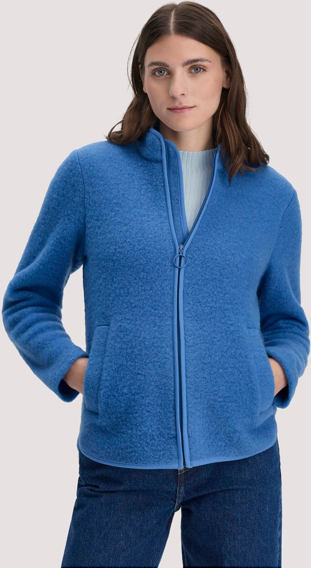 hessnatur Damen Wollfleece Jacke Regular aus Bio-Merinowolle - blau - Größe XS