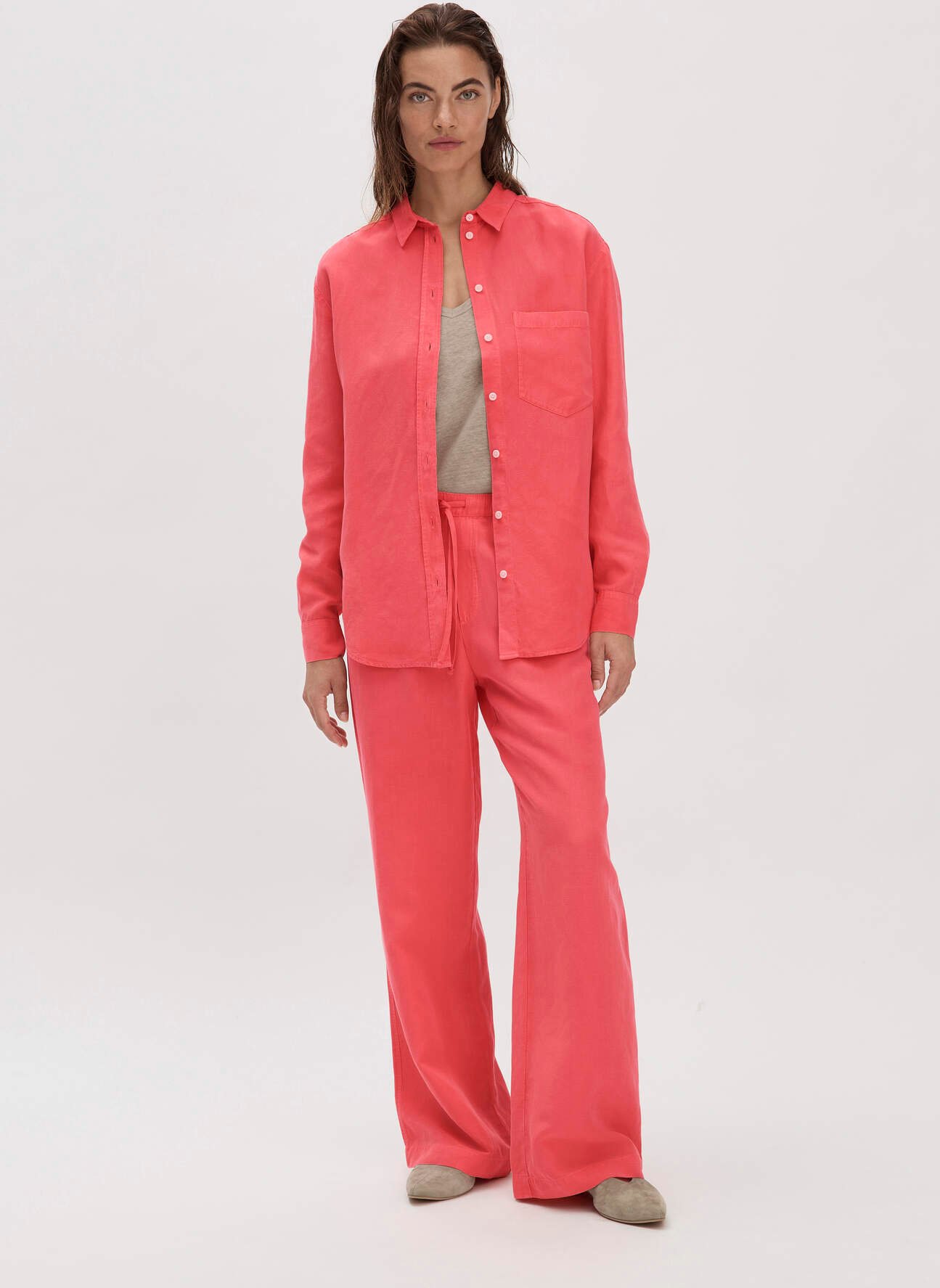 hessnatur Damen Hose Wide Leg aus TENCEL™ Lyocell mit Leinen - rot - Größe 46