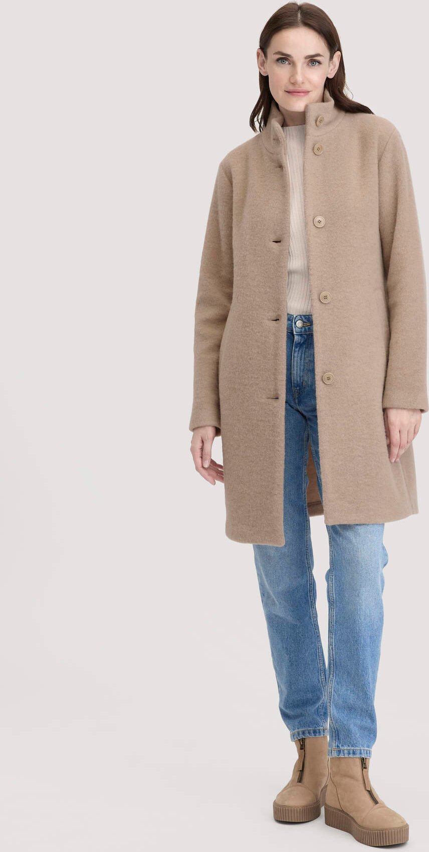 hessnatur Damen Wollfleece Mantel Regular aus Bio-Merinowolle - beige - Größe 48