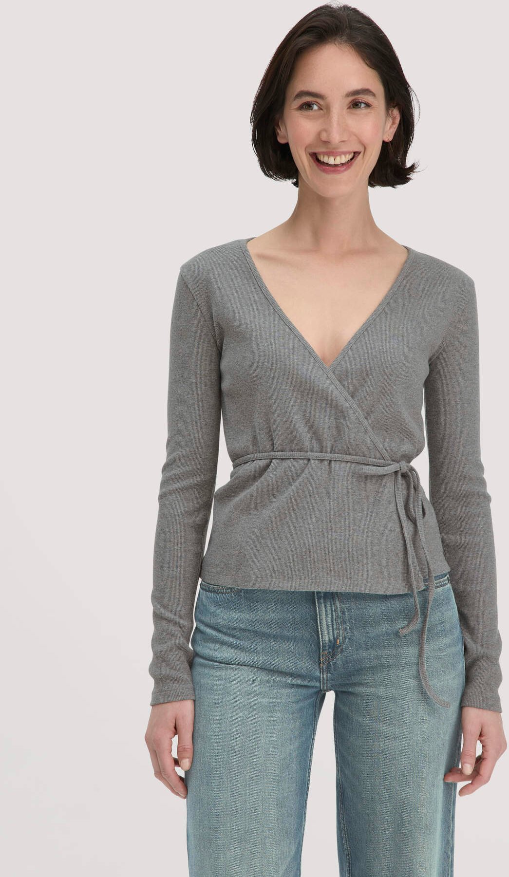 hessnatur Damen Rib Longsleeve Slim aus Bio-Baumwolle - grau - Größe 40