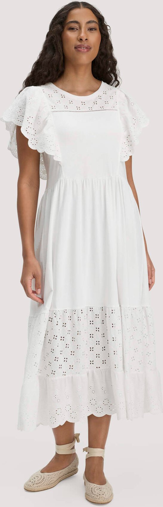 hessnatur Damen Bohemian Jersey Kleid Midi Relaxed aus Bio-Baumwolle - weiß - Größe 38