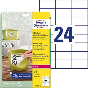 AVERY Zweckform wetterfeste Folienetiketten L4718REV-20 weiß 70,0 x 37,0 mm, 20 Blatt