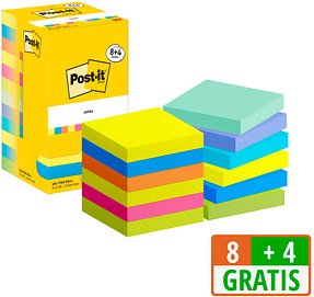 Thumbnail - 8 + 4 GRATIS: Post-it® Energetic Collection Haftnotizen farbsortiert, 8 Blöcke + GRATIS 4 Blöcke
