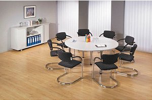 HAMMERBACHER Konferenztisch lichtgrau rund, Rundrohr chrom, 160,0 x 160,0 x 72,0 - 74,0 cm