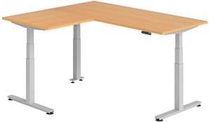 HAMMERBACHER XDSMW1908 elektrisch höhenverstellbarer Schreibtisch buche rechteckig, T-Fuß-Gestell silber 180,0 x 160,0 c...