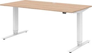 röhr direct.office elektrisch höhenverstellbarer Schreibtisch sonoma-eiche rechteckig, T-Fuß-Gestell weiß 160,0 x 70,0 c...
