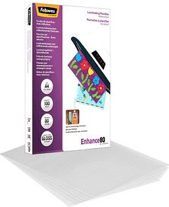 Fellowes Enhance80 Laminierfolien glänzend für A4 80 micron selbstklebender Rücken, 100 St.
