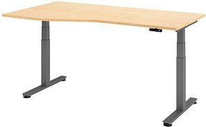 HAMMERBACHER VXDSM18 elektrisch höhenverstellbarer Schreibtisch ahorn Trapezform, T-Fuß-Gestell grau 180,0 x 100,0 cm