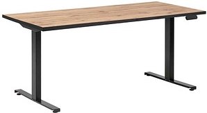 MÖBELPARTNER 2000 elektrisch höhenverstellbarer Schreibtisch landhaus-eiche rechteckig, T-Fuß-Gestell schwarz 160,0 x 75...