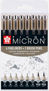 Sakura Pigma Micron Fineliner-Set farbsortiert 0,25 + 0,45 + 0,60 mm, 8 St.
