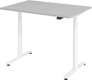 HAMMERBACHER VXDLR12 elektrisch höhenverstellbarer Schreibtisch lichtgrau rechteckig, T-Fuß-Gestell weiß 120,0 x 80,0 cm